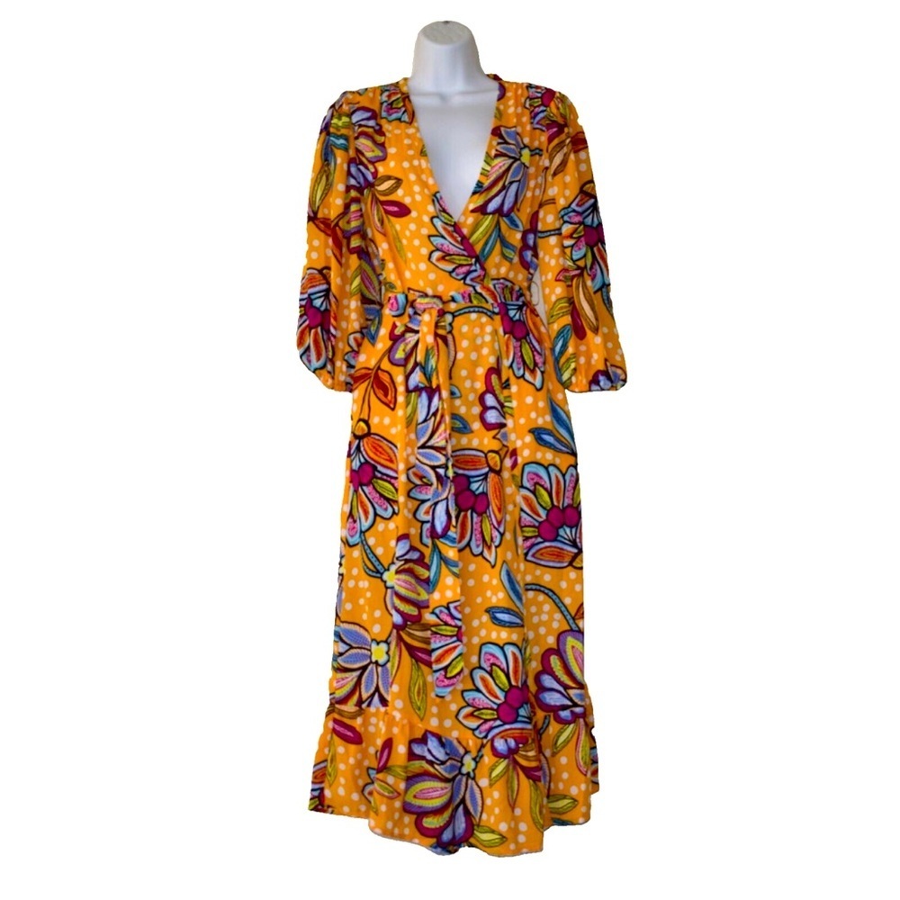 TABITHA BROWN Orange Multi Floral 3/4 Sleeve V Neck Wrap Dress Size L